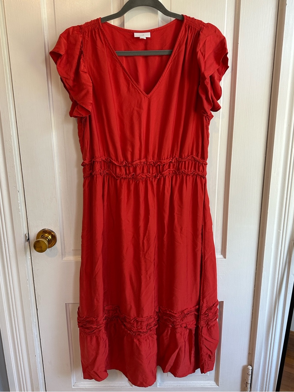 J-Jill Red V-Neck Ruffle Sleeve Dress